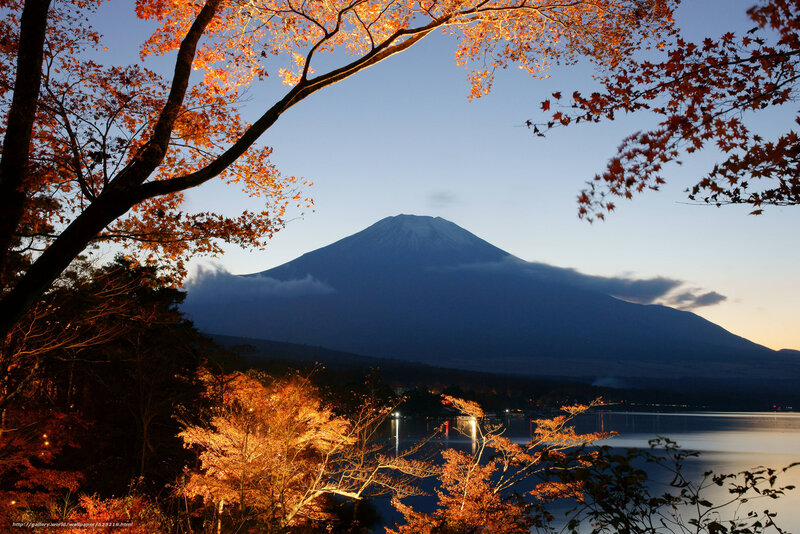 Mount Fuji at dusk with autumn leaves