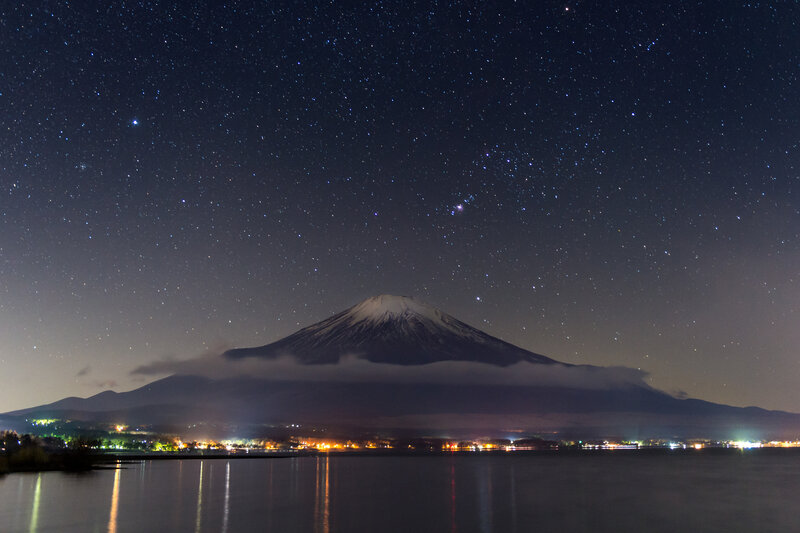 Mount Fuji at Night — Black, Serene, Photograph, Stars, Lake