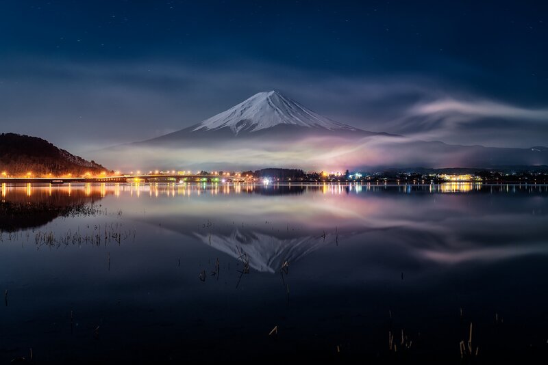 Mount Fuji at Night — Blue, Serene, Photograph, Lake, Mountain