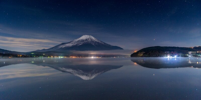 Mount Fuji at Night — Blue, Serene, Photograph, Lake, Stars