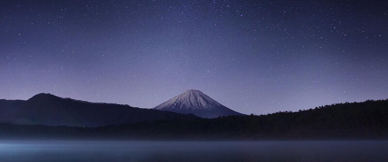 Mount Fuji at Night — Blue, Serene, Photograph, Mountain, Lake
