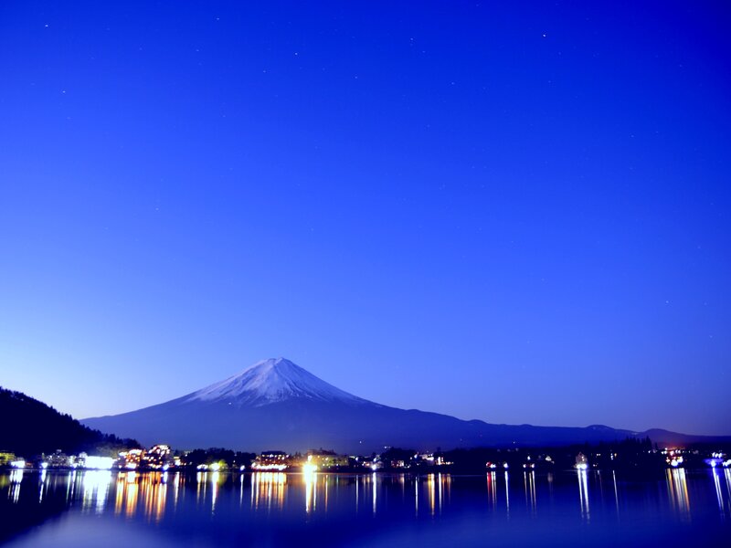 Mount Fuji at Night — Blue, Serene, Photograph, Mountain