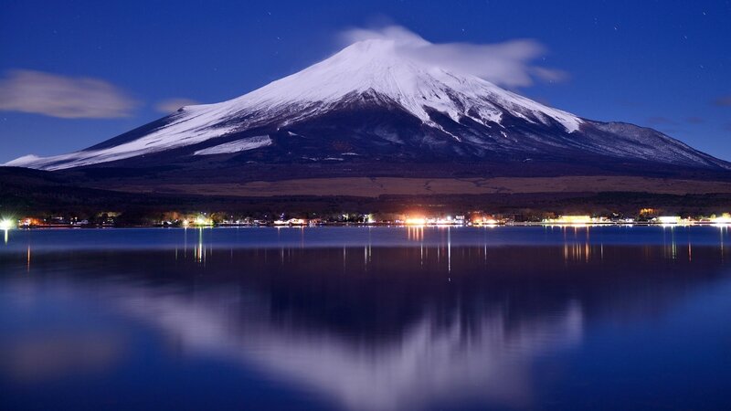 Mount Fuji at Night — Blue, Serene, Photograph, Snow, Lake