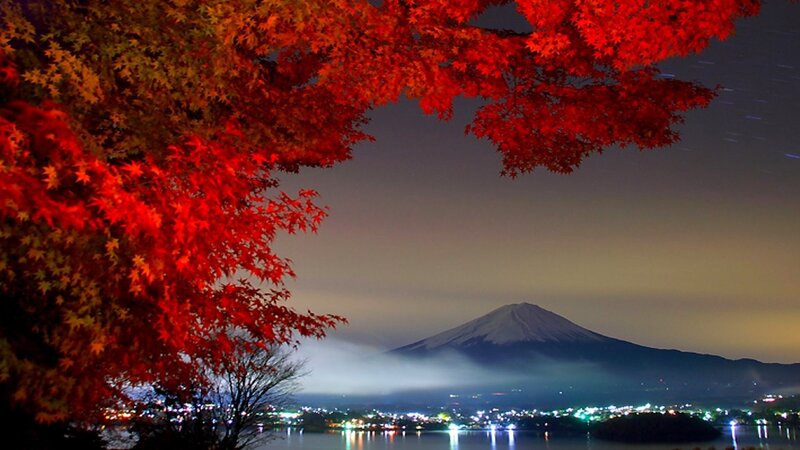 Mount Fuji at night with autumn leaves