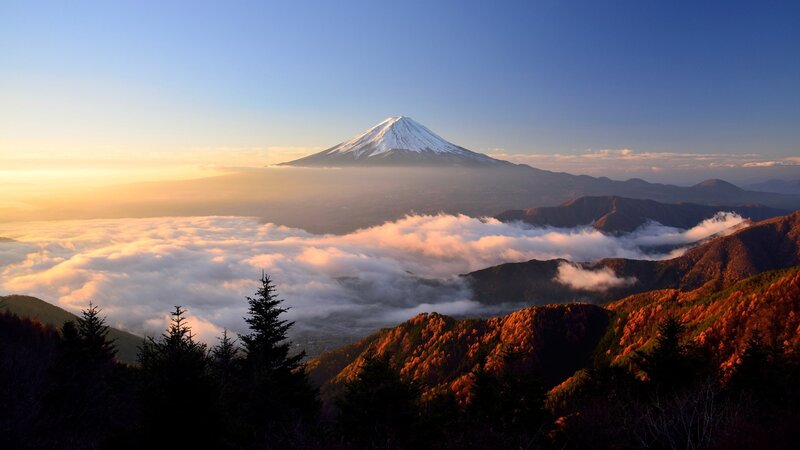 Mount Fuji at Sunrise — Blue, Serene, Photograph, Clouds