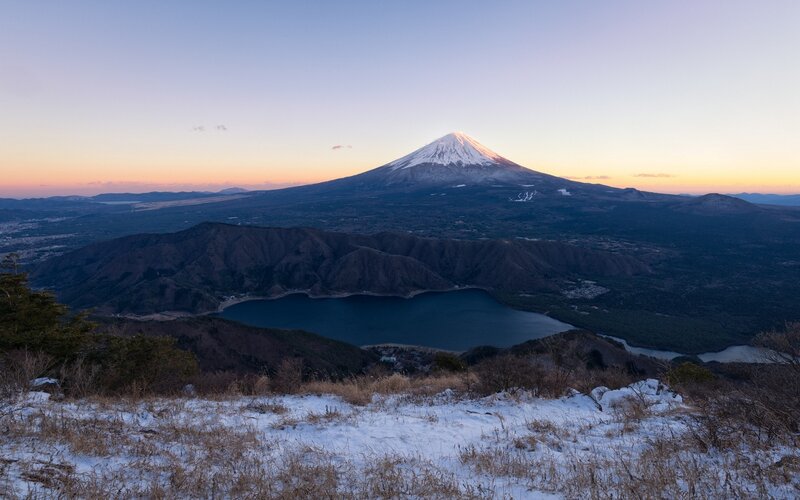 Mount Fuji at Sunrise — Blue, Serene, Photograph, Lake, Mountain