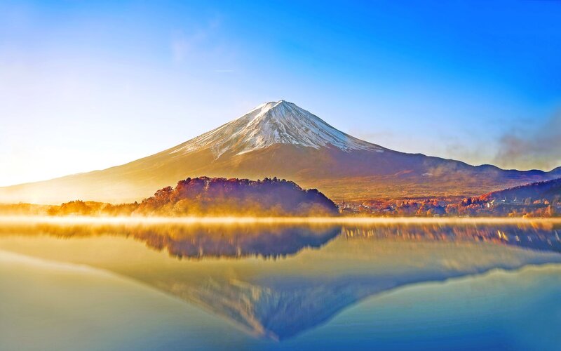 Mount Fuji at Sunrise — Blue, Serene, Photograph, Lake, Mountain, Trees