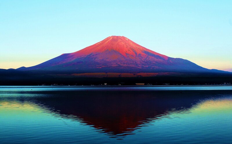 Mount Fuji at Sunrise — Blue, Serene, Photograph, Mountain, Lake, Sky