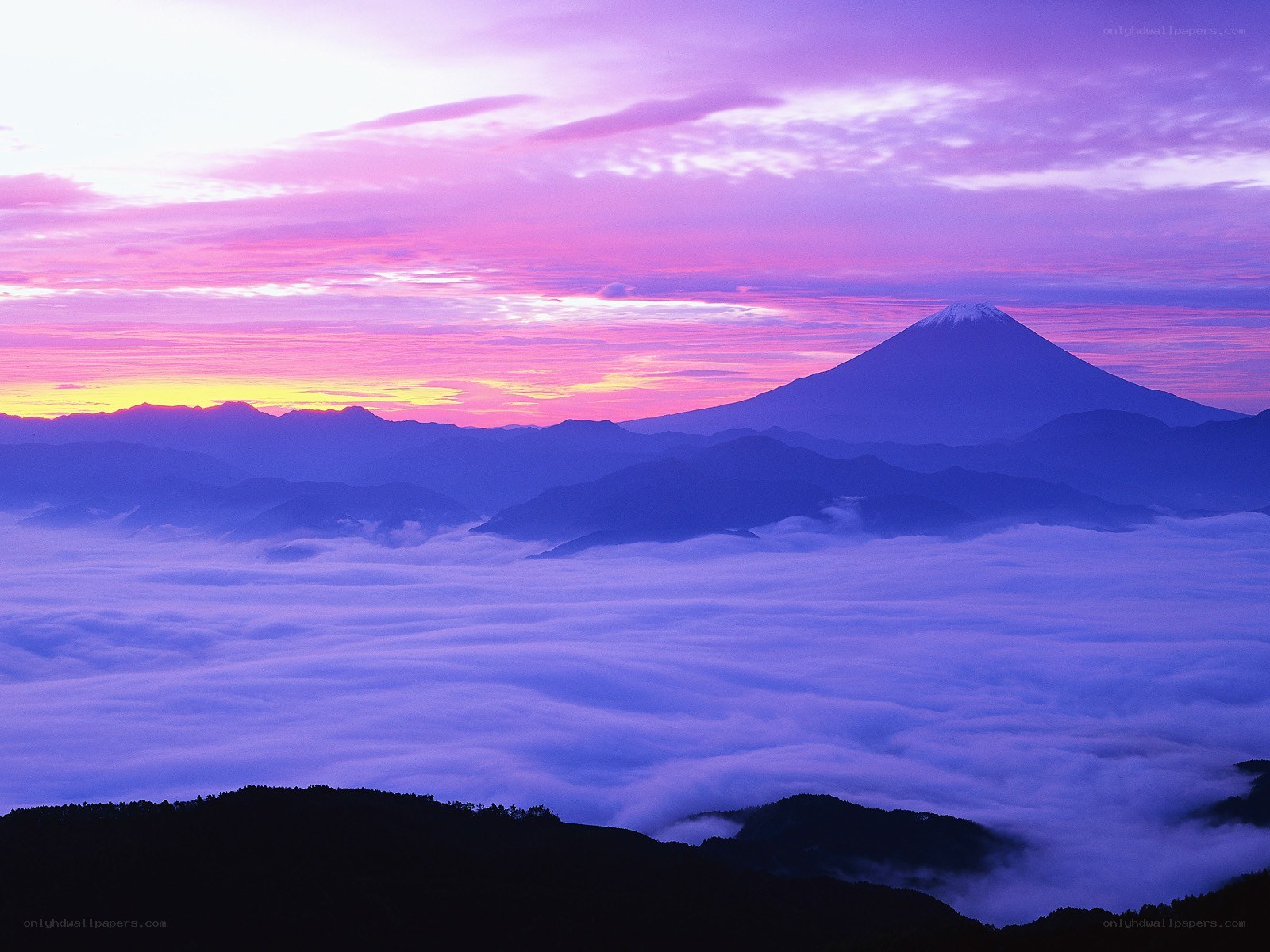 Mount Fuji at sunrise over clouds