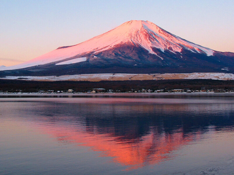 Mount Fuji at Sunrise — Pink, Serene, Photograph, Mountain, Lake
