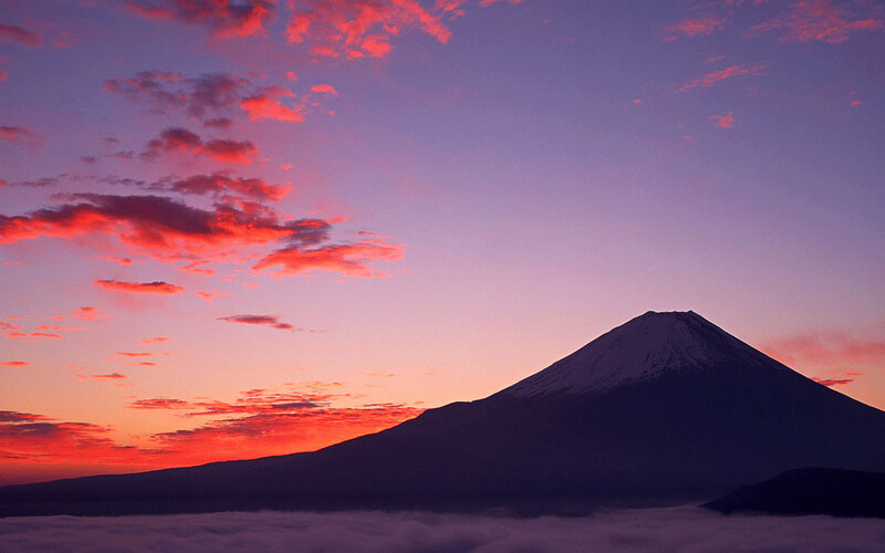 Mount Fuji at Sunrise — Purple, Serene, Photograph, Clouds, Sky, Mountain