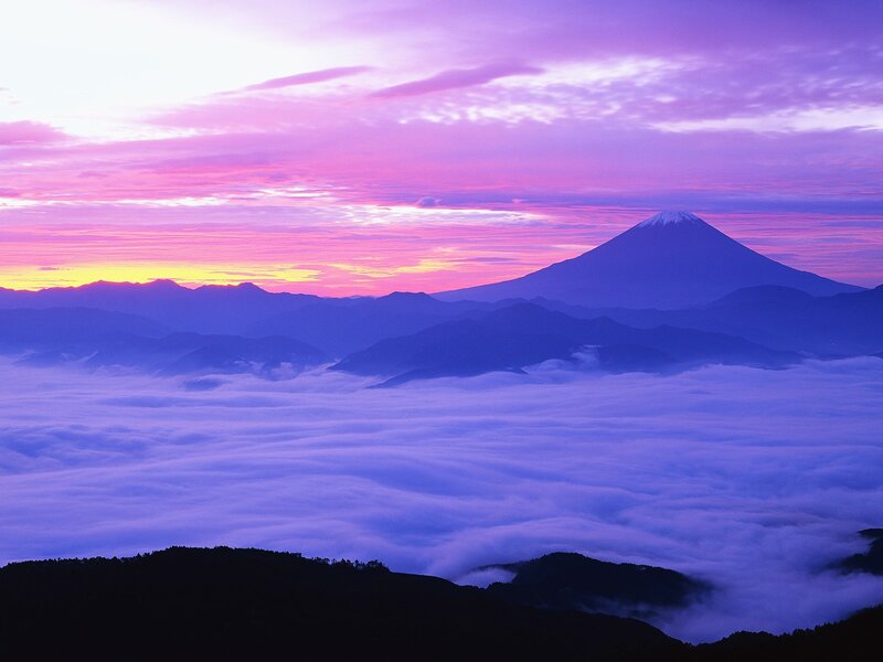 Mount Fuji at Sunrise — Purple, Serene, Photograph, Mountain, Clouds, Sky
