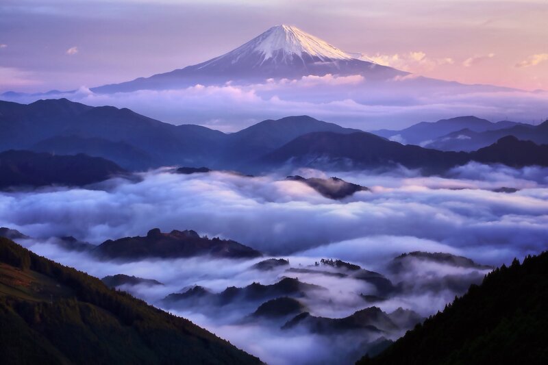 Mount Fuji at Sunrise — Purple, Serene, Photograph, Mountain
