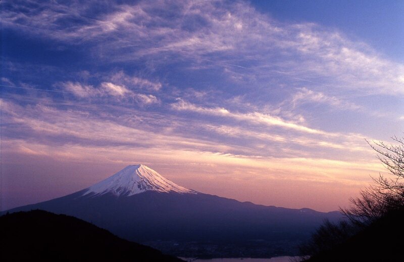 Mount Fuji at Sunset — Blue, Serene, Photograph, Mountain, Clouds