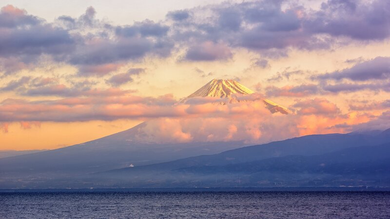 Mount Fuji at Sunset — Orange, Serene, Photograph, Mountain, Clouds