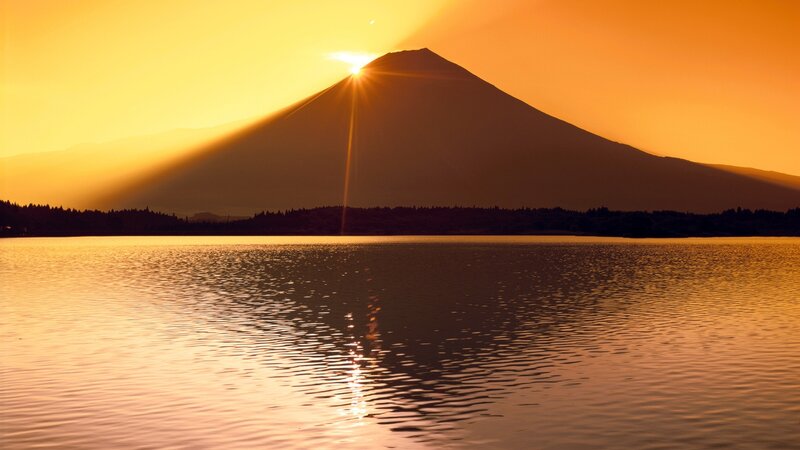 Mount Fuji at Sunset — Orange, Serene, Photograph, Mountain, Lake