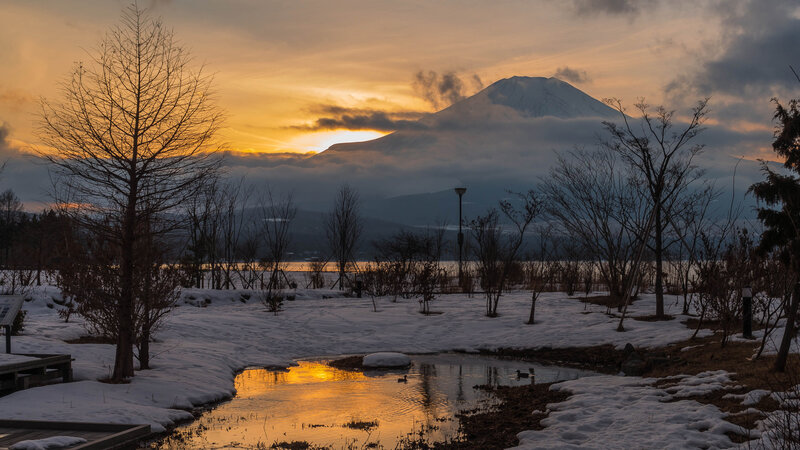 Mount Fuji at Sunset — Orange, Serene, Photograph, Snow