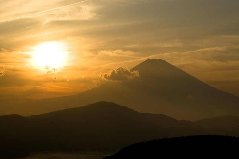 Mount Fuji at Sunset — Orange, Serene, Photograph, Sun, Clouds
