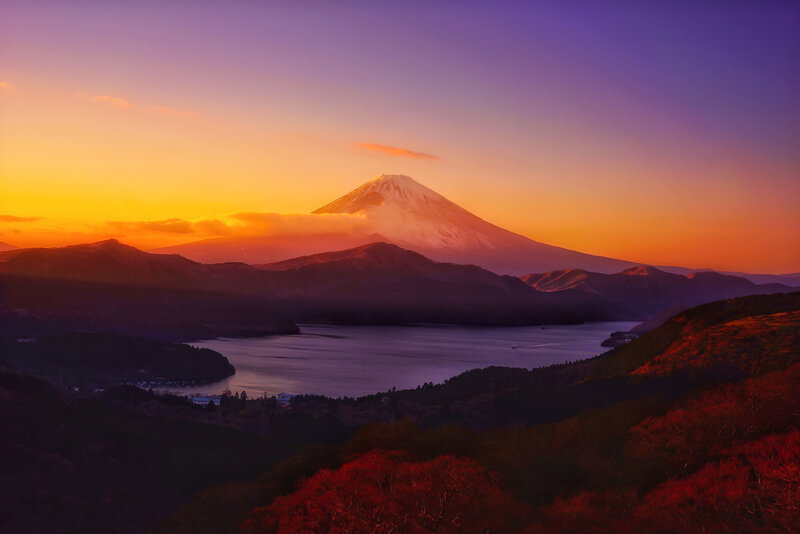 Mount Fuji at Sunset — Purple, Serene, Photograph, Lake