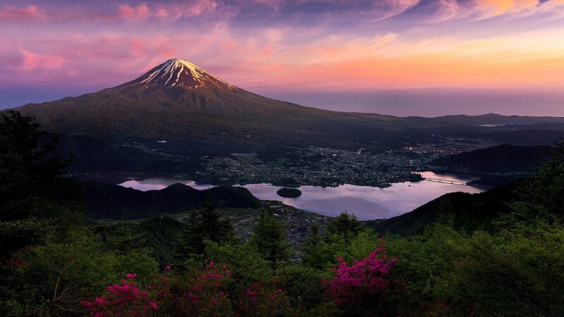 Mount Fuji at Sunset — Purple, Serene, Photograph, Lake, Town