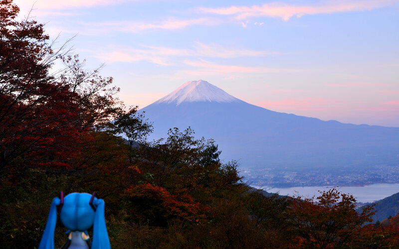 Mount Fuji at sunset with autumn foliage