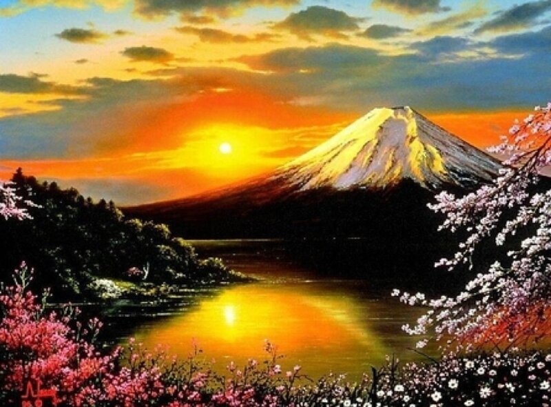 Mount Fuji at sunset with cherry blossoms