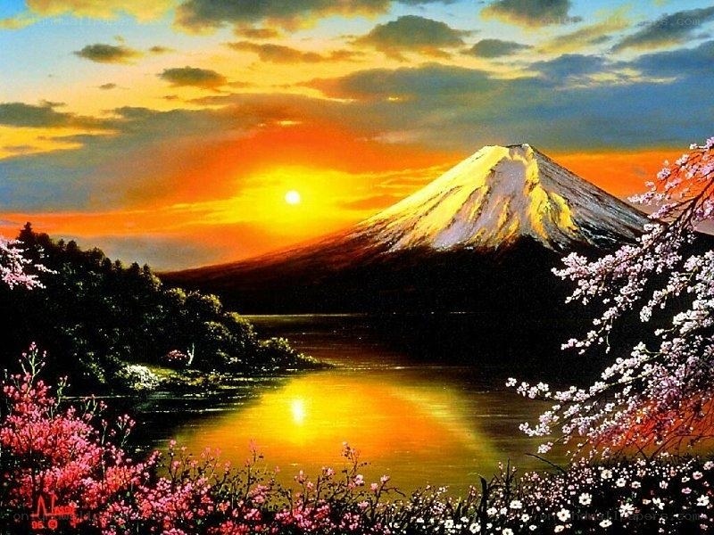 Mount Fuji at sunset with cherry blossoms