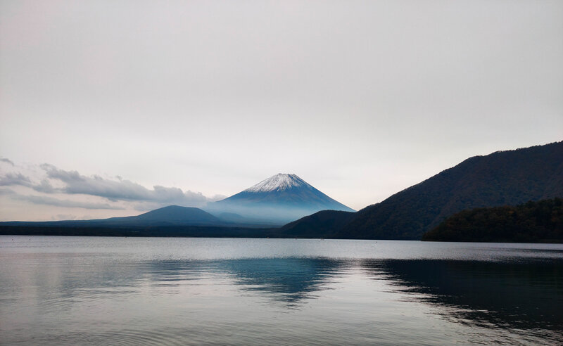 Mount Fuji from a Lake — Blue, Serene, Morning, Photograph
