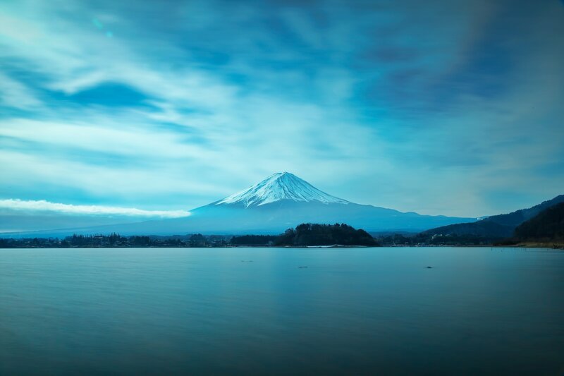 Mount Fuji from a Lake — Blue, Serene, Morning