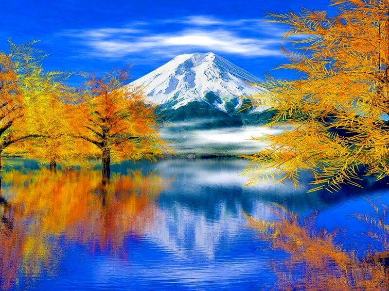 Mount Fuji in Autumn — Blue, Serene, Digital Art