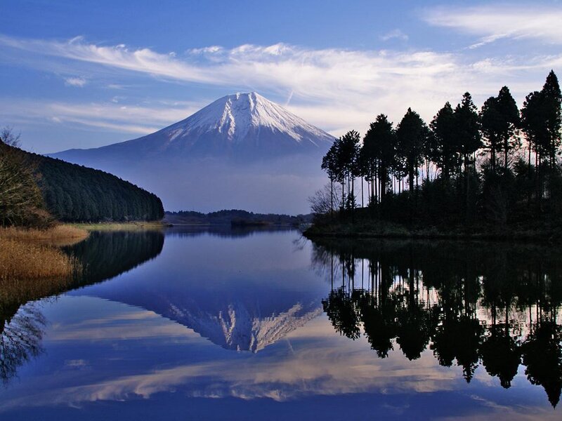 Mount Fuji reflected in a lake