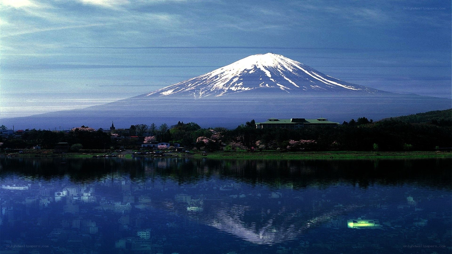 Mount Fuji reflected in a lake