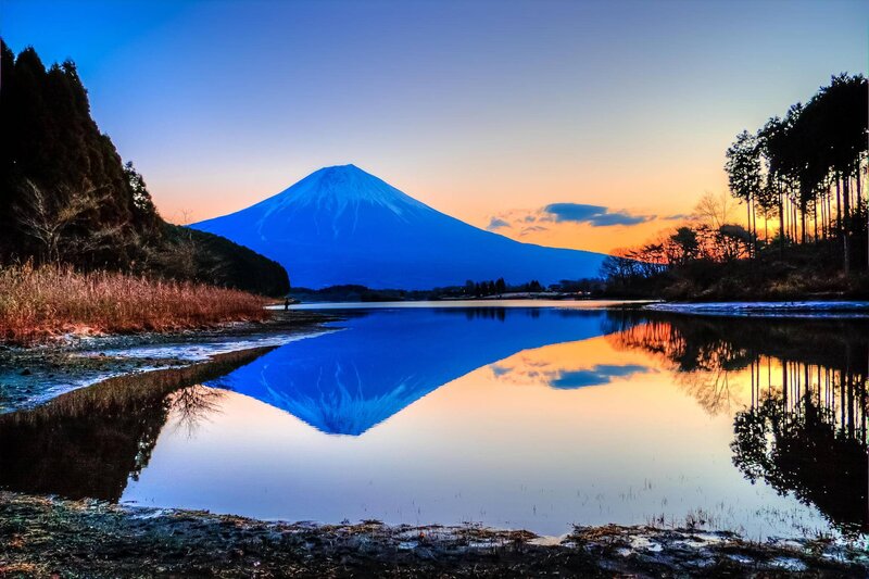 Mount Fuji Reflection — Blue, Serene, Sunset