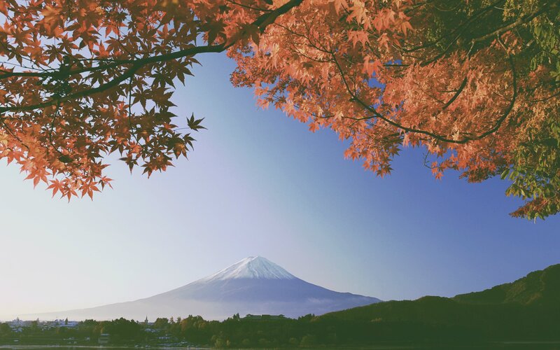Mount Fuji with Autumn Leaves — Blue, Serene, Photograph, Mountain