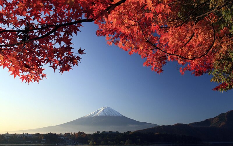 Mount Fuji with Autumn Leaves — Red, Serene, Photograph, Mountain, Trees, Sky