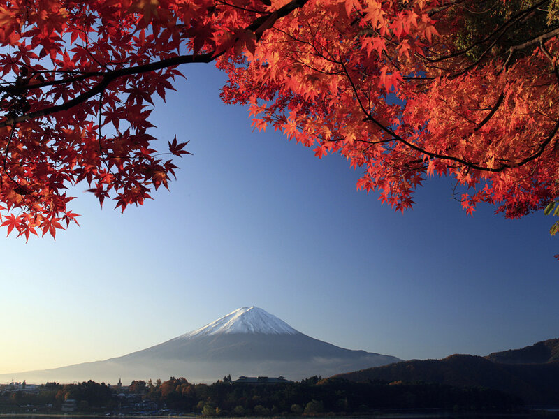 Mount Fuji with Autumn Leaves — Red, Serene