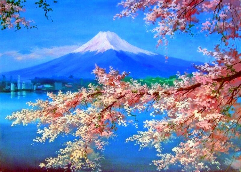 Mount Fuji with Cherry Blossoms — Blue, Serene, Spring, Painting