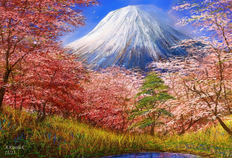 Mount Fuji with Cherry Blossoms — Red