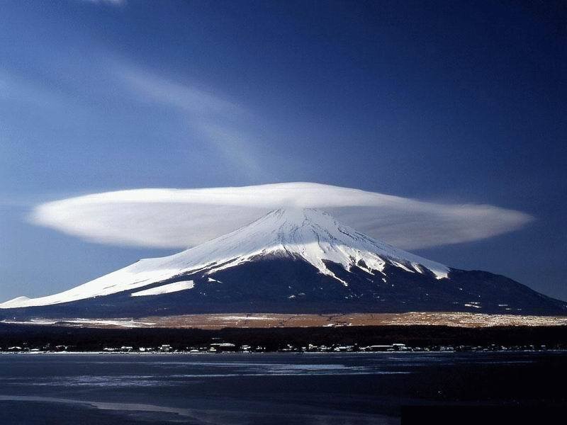 Mount Fuji with Lenticular Cloud — Blue, Serene, Winter, Photograph, Snow