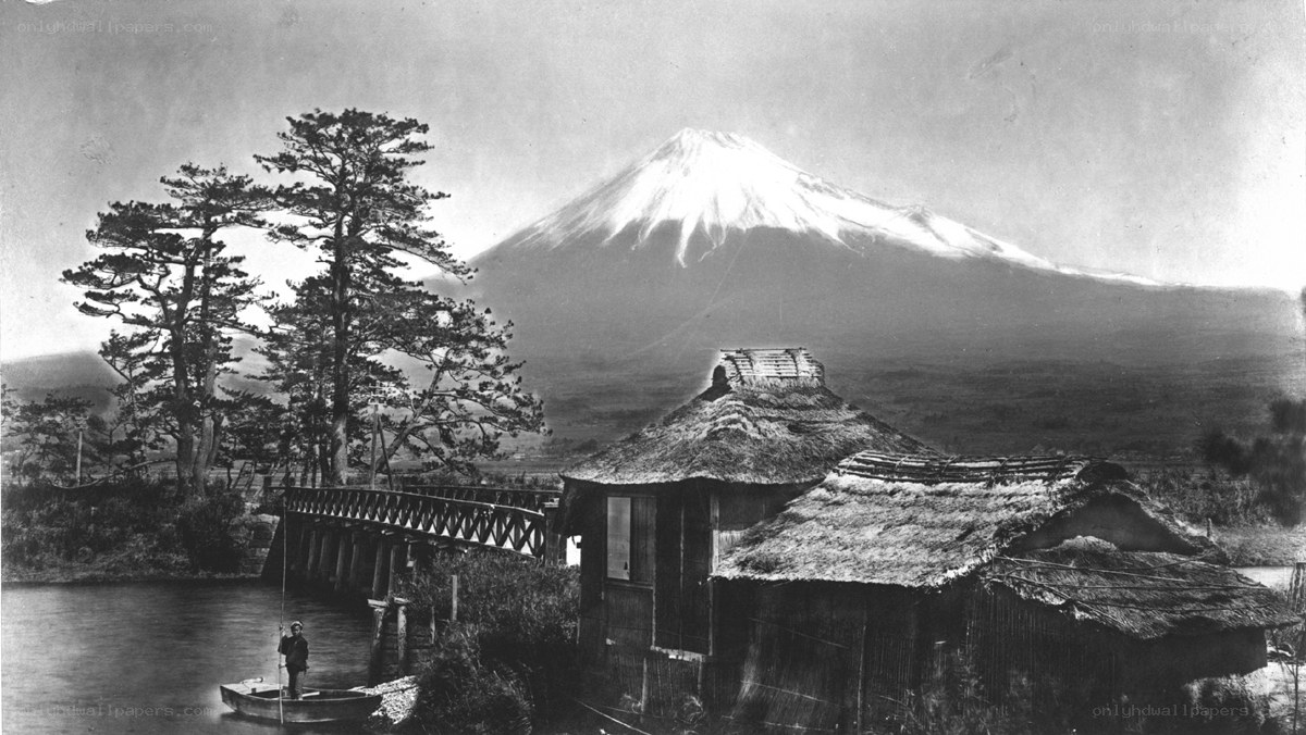 Mount Fuji with thatched huts