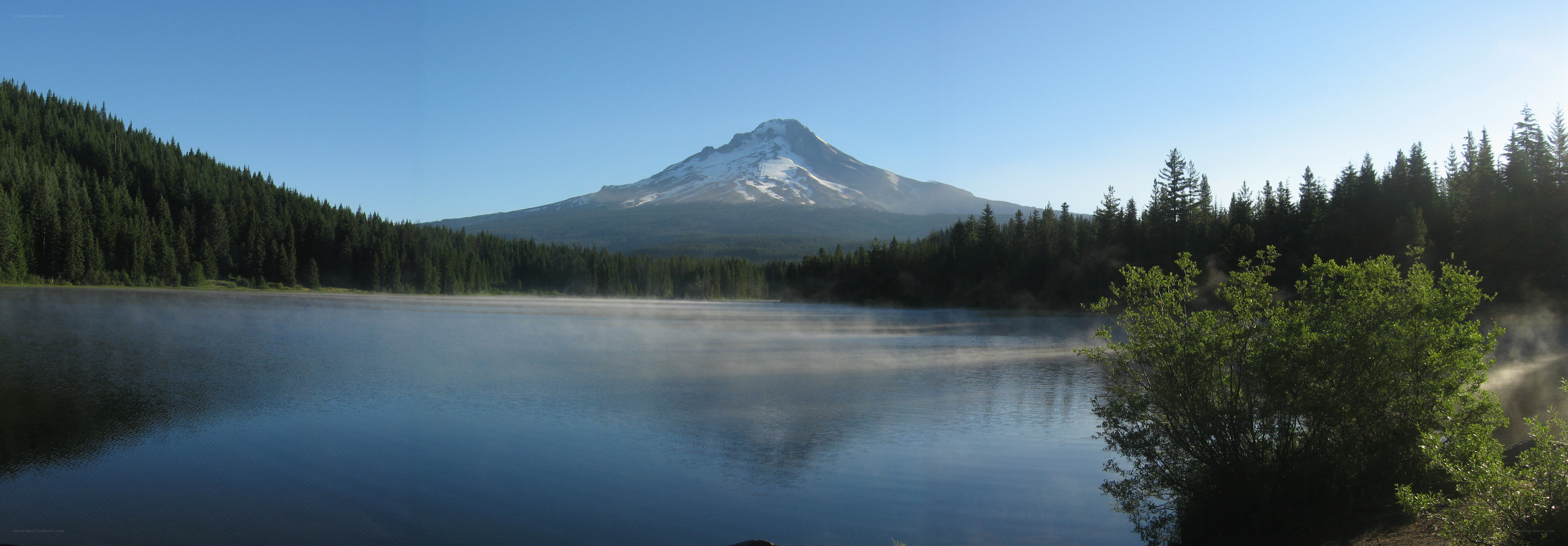 Mount Hood reflected in a misty lake