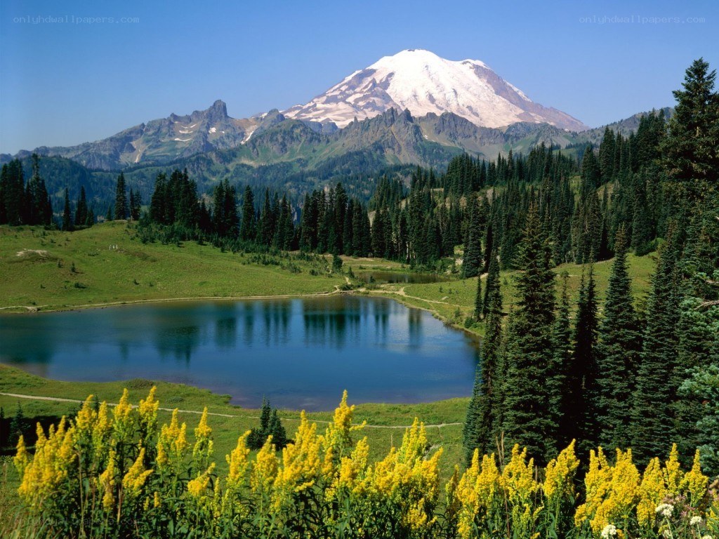 Mount Rainier and a mountain lake