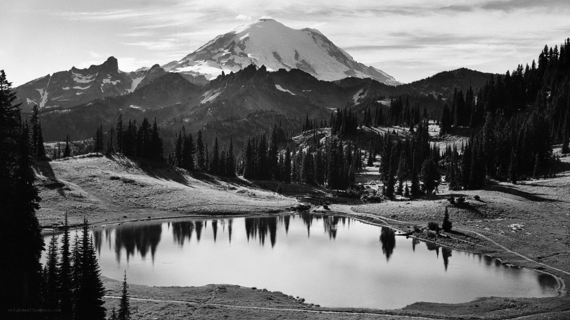 Mount Rainier and a serene lake