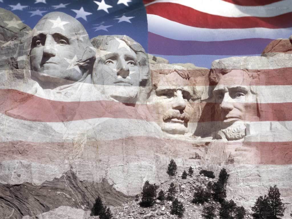 Mount Rushmore with American flag overlay