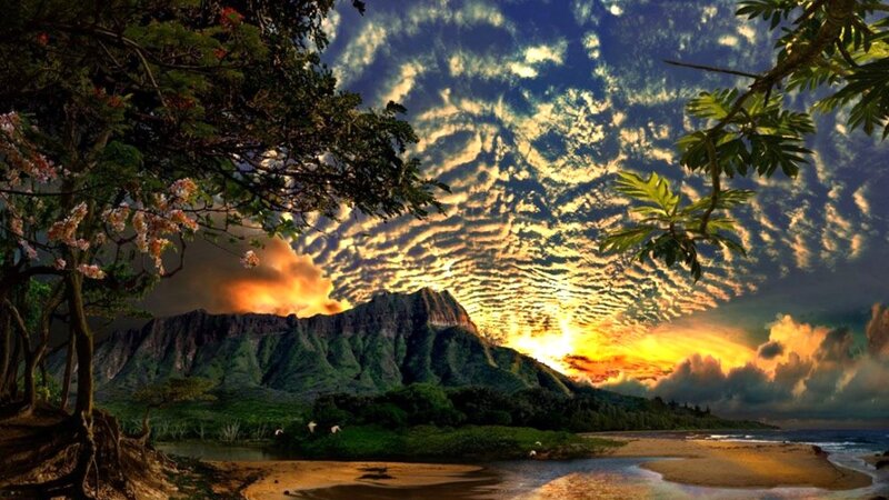 Mountain and Beach at Sunset