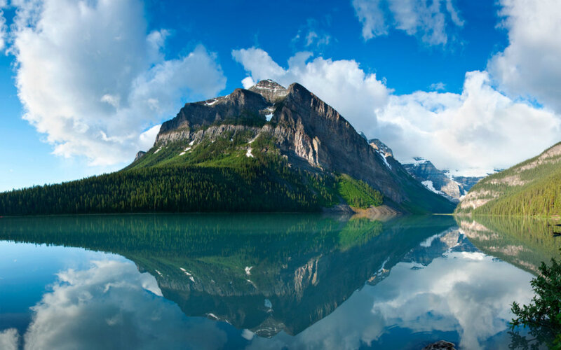 Mountain and Lake Reflection — Blue, Serene, Afternoon, Photograph, Clouds, Forest