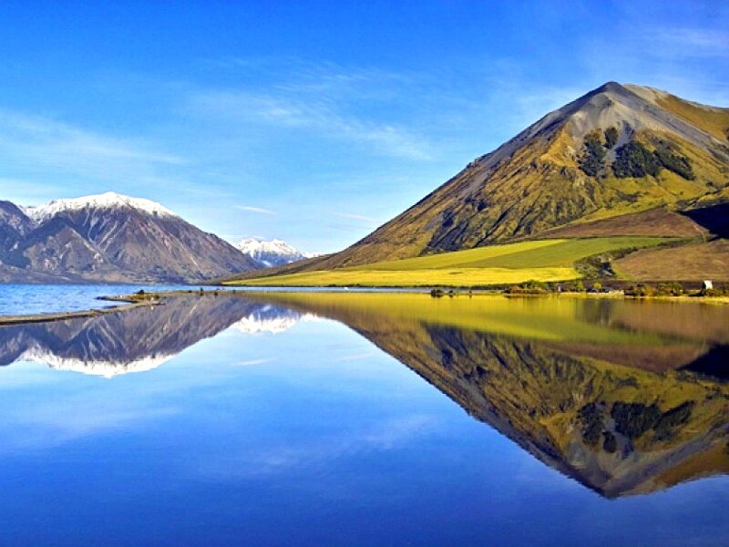 Mountain and Lake Reflection — Blue, Serene, Afternoon, Photograph, Mountains, Sky, Green