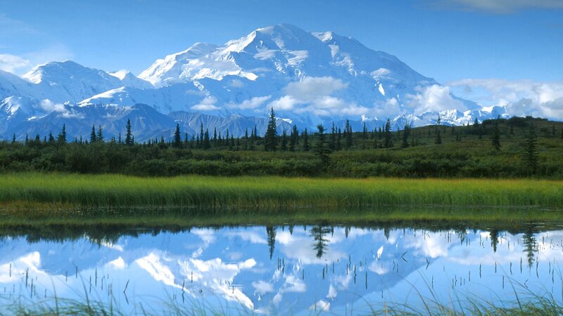 Mountain and Lake Reflection — Blue, Serene, Afternoon, Photograph, Snow-capped Mountain
