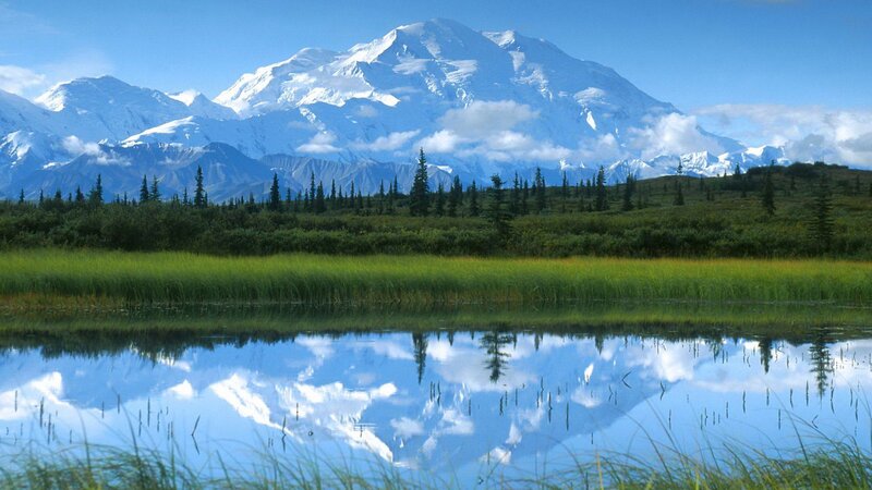 Mountain and Lake Reflection — Blue, Serene, Afternoon, Photograph, Snow-capped Mountain, Trees
