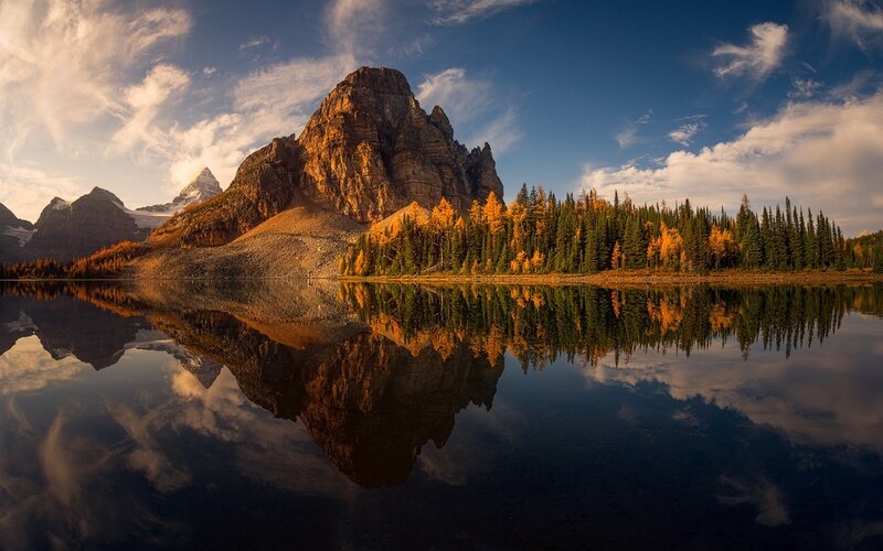 Mountain and Lake Reflection — Blue, Serene, Autumn, Photograph